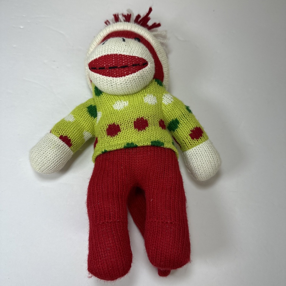 Dan Dee Sock Monkey Red Green Sweater Knit Hat Plush Toy 10"